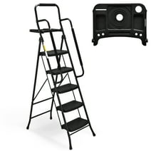 HBTower Folding 5-Step Ladder, 330lbs, with Handrails and Tool Tray and Anti-Slip Pedal, Black