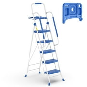 HBTower Folding 5-Step Ladder with Handrails and Tool Tray, Anti-Slip Wide Pedals, Safety Ladder for Adults, Blue