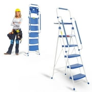 HBTower Folding 5-Step Ladder with Handrails and Tool Tray, Anti-Slip Wide Pedals, Safety Ladder for Adults, Blue