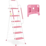 HBTower Folding 5-Step Ladder with Handrails and Tool Tray, Anti-Slip Wide Pedals, Safety Ladder for Adults, Pink