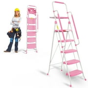 HBTower Folding 5-Step Ladder with Handrails and Tool Tray, Anti-Slip Wide Pedals, Safety Ladder for Adults, Pink