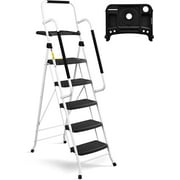 HBTower Folding 5-Step Ladder, 330lbs, with Handrails and Tool Tray and Anti-Slip Pedal, White