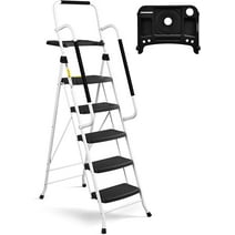 HBTower Folding 5-Step Ladder, 330lbs, with Handrails and Tool Tray and Anti-Slip Pedal, White