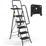 HBTower Folding 5-Step Ladder with Handrails and Tool Tray, Anti-Slip Wide Pedals, Safety Ladder for Adults, Black