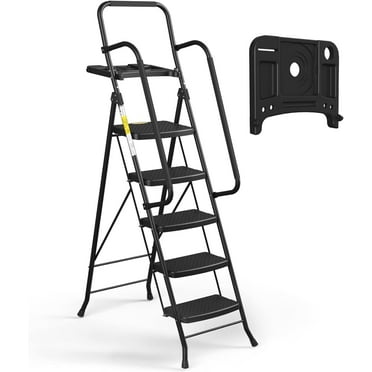 HBTower Folding 5-Step Ladder with Handrails and Tool Tray, Anti-Slip Wide Pedals, Safety Ladder for Adults, Black