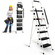 HBTower Folding 5-Step Ladder with Handrails and Tool Tray, Anti-Slip Wide Pedals, Safety Ladder for Adults, White