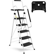 HBTower Folding 5-Step Ladder with Handrails and Tool Tray, Anti-Slip Wide Pedals, Safety Ladder for Adults, White
