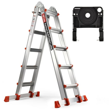 HBTower Ladder, A Frame 5 Step Aluminum Ladder Extension Ladder, 17 Ft Muti Position Ladder & Removable Tool Tray with Stabilizer Bar, 330 lbs, Orange
