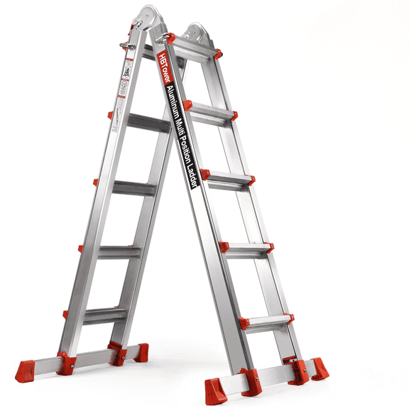 HBTower Ladder, A Frame 5 Step Aluminum Ladder Extension Ladder, 17 Ft Multi Position Ladder with Stabilizer Bar, 330 lbs, Orange.