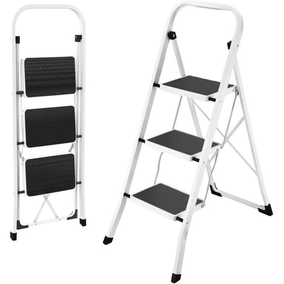 HBTower Step Ladder 3 Step Folding Ladder, Lightweight Portable Stepladder with Anti-Slip Pedal, Ladders with Convenient Handrails,330 lbs Capacity Step Stool for Kitchen, Home,White
