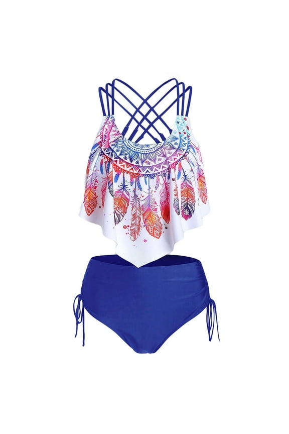 2 Piece Tankini Swimsuits For Women 2024, Feather Print Push-Up Padded Overlay Flounce Crisscross Bathing Suit Swimwear
