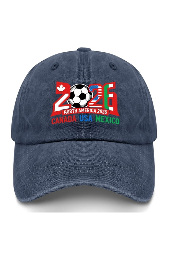 2026 North America Soccer Supporters Cap, Canada USA Mexico Host Nations Graphic, Adjustable Washed Cotton Baseball Hat for Fans, Men and Women,Navy