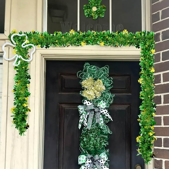 HBYJLZYG 6.5 FT St. Patrick's Day Garland Wreath, Shiny Green Gold Tinsel Wreath with 5-Layer Thick, Vintage Hanging Decoration for Door Window Wall, Irish Festival Party Home Decor