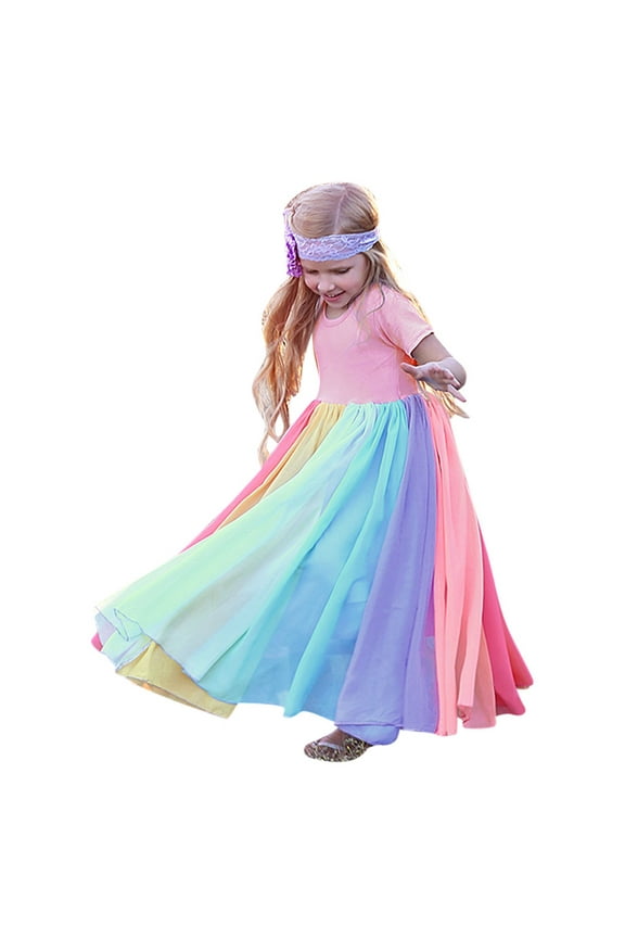 Ankle Length Princess Dress, Kids Girls Short Sleeve Rainbow Splice Princess Pageant Gown Birthday Party Dresses 12 Months-6 T