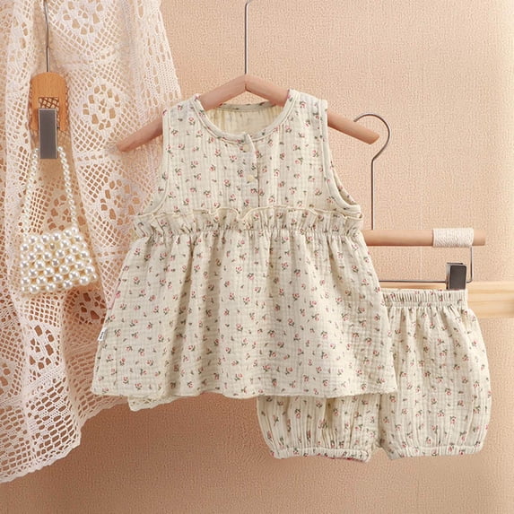 HBYJLZYG Baby Girls Cotton Gauze Outfit Set, Sleeveless Ruffle Top with Bloomer Shorts, Cute Floral Print Summer Casual Wear
