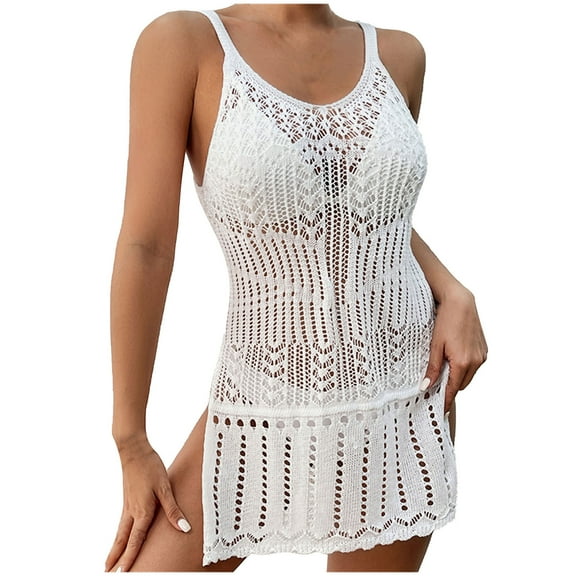 HBYJLZYG Beach Cover Ups For Women, Bathing Suit Knitted Hollow Out Coverups Bikini Swimsuit Beach Loose Sleeveless Dress