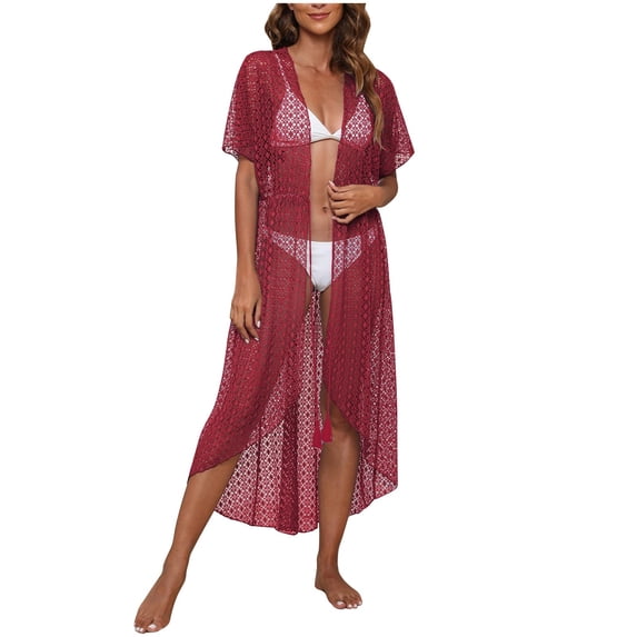 HBYJLZYG Beach Cover Ups For Women, Mesh Bikini Swimwear Beach Cardigan Hollow Lace See Through Swimsuit Coverup Dress