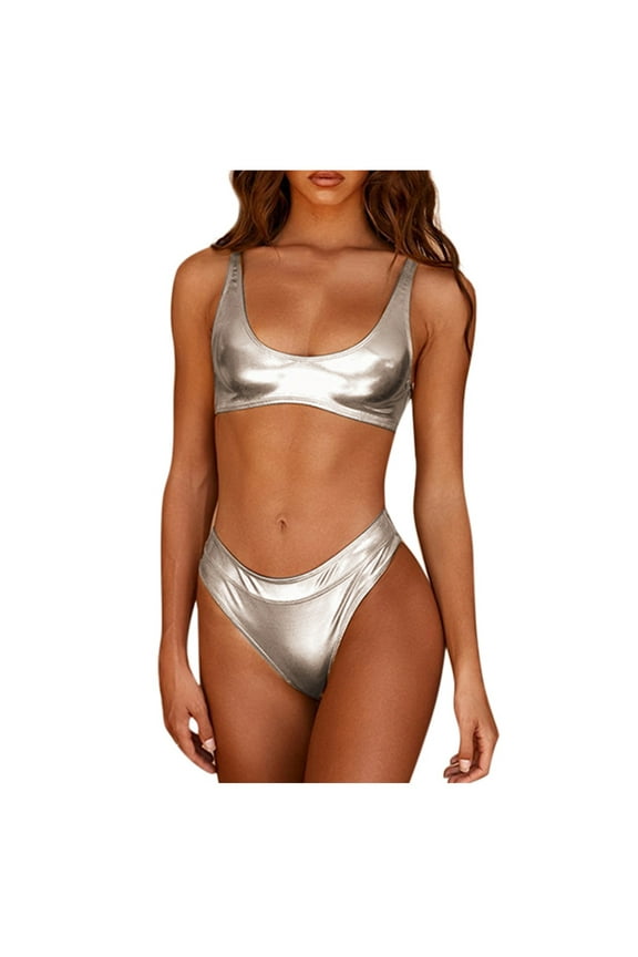 Bikini Sets For Women High Cut, Reflective Shiny Swimsuits Slim Bikini Silver Bathing Suit Eye-Catching Swimwear