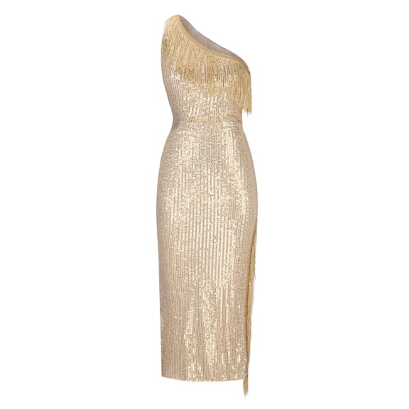 HBYJLZYG Bodycon Dresses For Women, Summer Glitter Tassels Slim-Fit One Shoulder Sequin Sparkly Club Party Summer Maxi Dresses