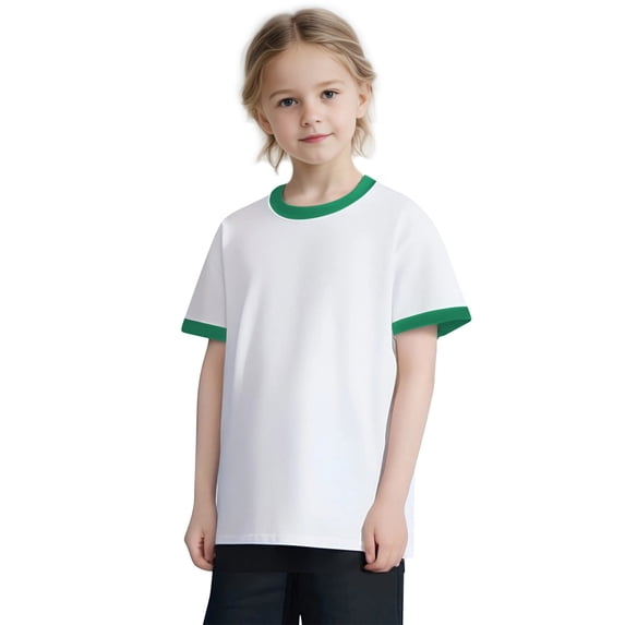HBYJLZYG Boys Girls Cotton Ringer T-Shirt, Short Sleeve Color Block Tee with Green Trim, Casual Summer Top for Kids 2-13 Years