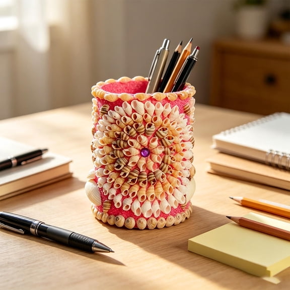 HBYJLZYG Coastal Seashell Pen Cup, Handcrafted Nautical Desk Caddy, Decorative Beach Vacation Ornament, Durable Pen Holder for Stationery Storage and Home Decor