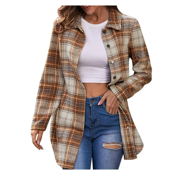 HBYJLZYG Coats Cardigan Trench Coat Shirt Jacket Tops, Womens New Style Plaid Shirt Loose Long Sleeve Casual Button Hatless Casual Jacket Coat