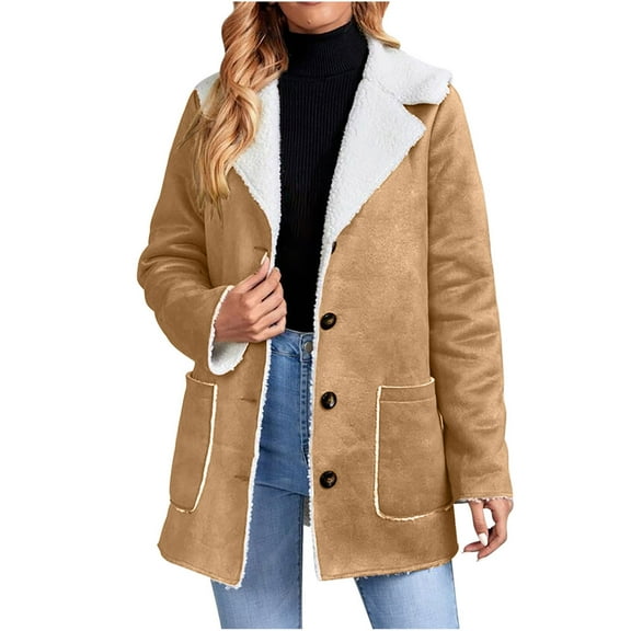 HBYJLZYG Composite Plush Button Lapel Jacket Coat, Women Winter Warm Fashion Vintage Long Sleeved Berber Fleece Pocket Solid Color Collar Outwear Tops