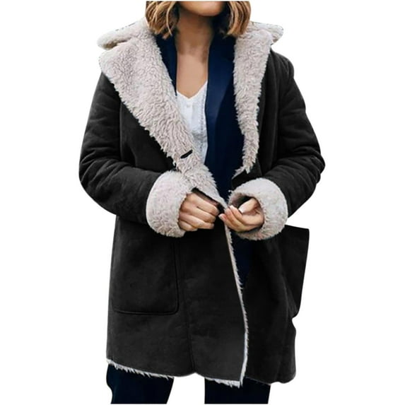 HBYJLZYG Composite Plush Button Lapel Jacket Coat, Women Winter Warm Fashion Vintage Long Sleeved Berber Fleece Solid Color Collar Outwear Tops