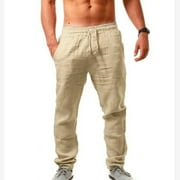 HBYJLZYG Cotton Linen Pants For Men, Elastic Waist Solid Color Breathable Loose Casual Straight-Legs Full Pants