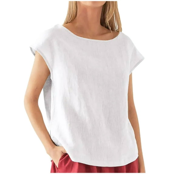 HBYJLZYG Cotton Linen Tops For Women, Solid V Neck Short Sleeve Casual Shirts Plus Size Basic Summer T-Shirts