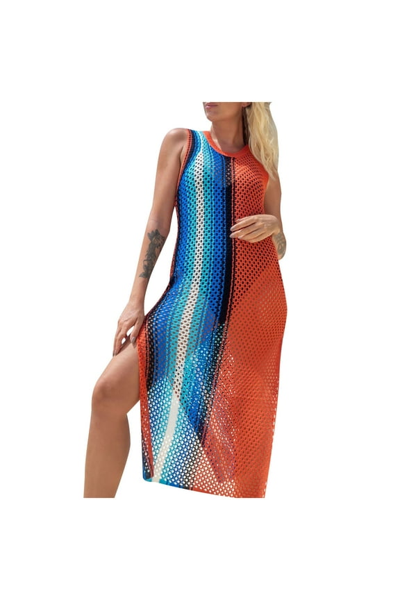 Crochet Beach Cover Ups For Women, Swimsuit Sun Coverup Bohemian Hollow Rainbow Color Bikini Swimwear Beach Dress