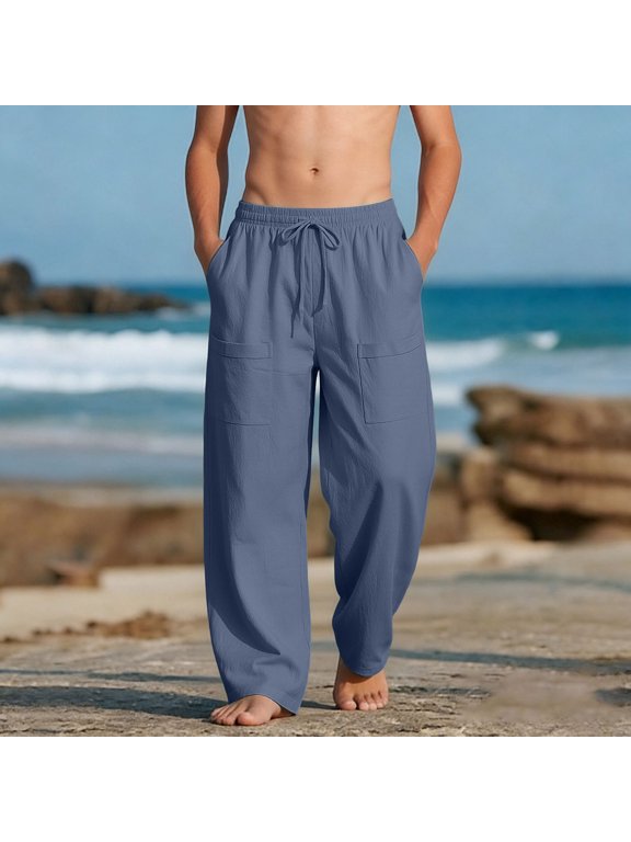 Drawstring Waist Cargo Pants with Large Front Patch Pockets, Relaxed Straight Leg Cut, Lightweight Cotton Linen Blend Fabric, Breathable Adjustable Pull-On Casual Everyday Style