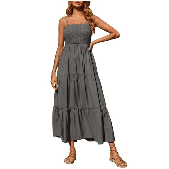 HBYJLZYG Dresses For Women 2024, Summer Women's Bohemian Spaghetti Strap Smocked Tiered Long Beach Sun Dresses Sleeveless Solid Maxi Dress