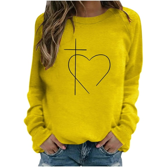 HBYJLZYG Easter Tops For Women Heart Easter Graphic Printed Tee Comfy Outdoor Crew Neck Loose Long Sleeve Shirts