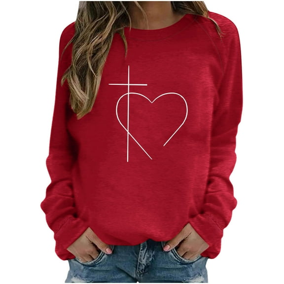 HBYJLZYG Easter Tops For Women Heart Easter Graphic Printed Tee Comfy Outdoor Crew Neck Loose Long Sleeve Shirts