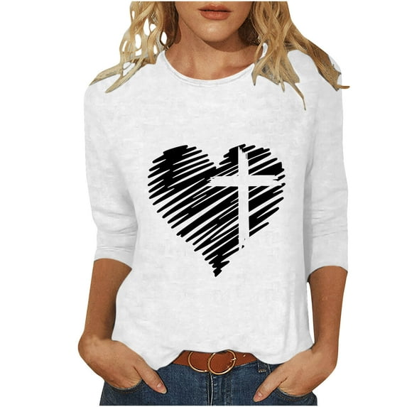 HBYJLZYG Easter Tops For Women Heart Jesus Cross Printed Tee Comfy Outdoor Crew Neck Loose Long Sleeve Easter Graphic Shirts