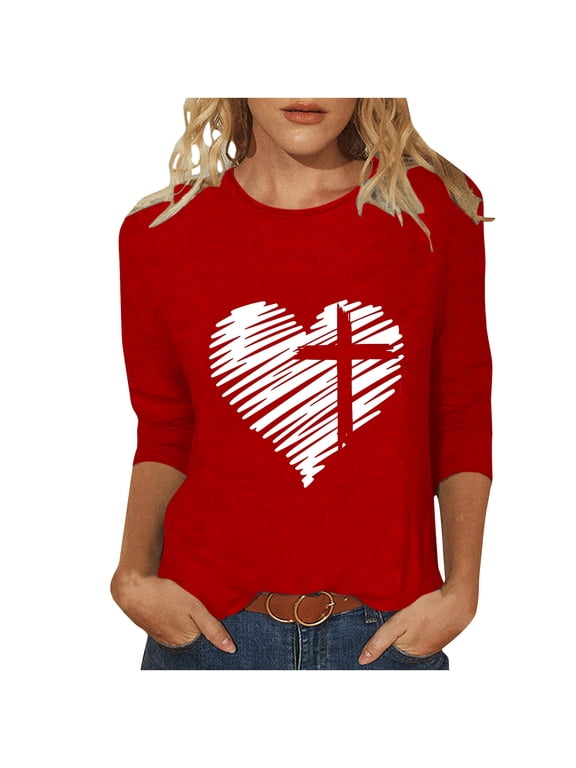 Easter Tops For Women Heart Jesus Cross Printed Tee Comfy Outdoor Crew Neck Loose Long Sleeve Easter Graphic Shirts