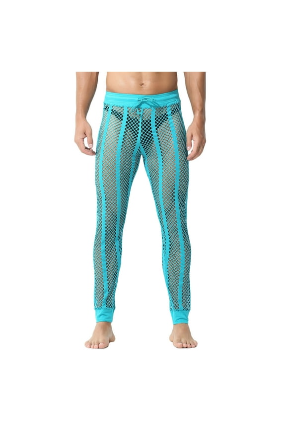 Fishnet Pants Men, Elastic Waist Mesh See Through Muscle Leggings Striped Breathable Stretchy Drawstring Cutout Pants