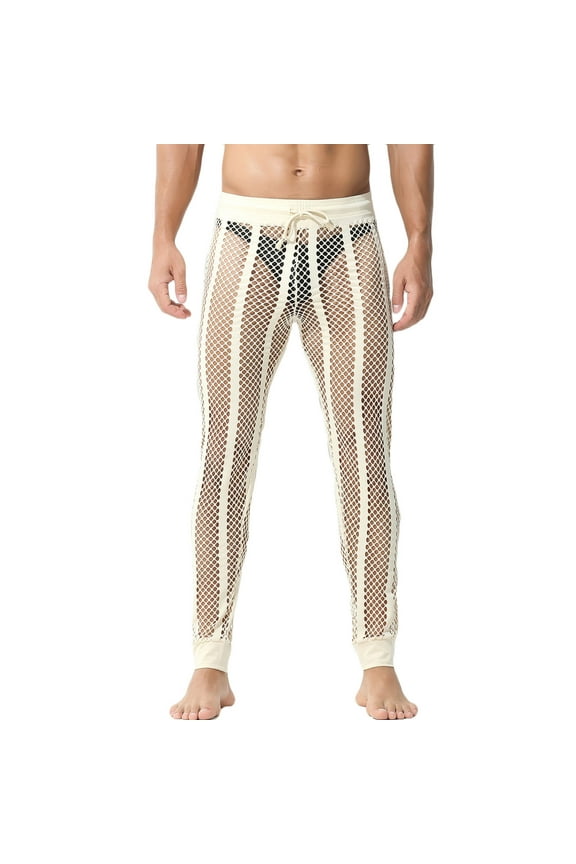 Fishnet Pants Men, Elastic Waist Mesh See Through Muscle Leggings Striped Breathable Stretchy Drawstring Cutout Pants