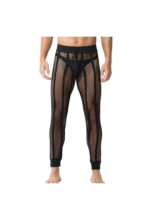 Fishnet Pants Men, Elastic Waist Mesh See Through Muscle Leggings Striped Breathable Stretchy Drawstring Cutout Pants