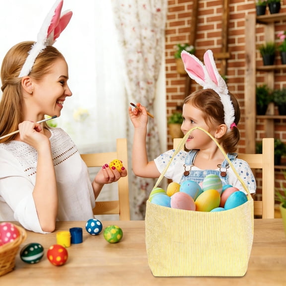HBYJLZYG Foldable Canvas Handbag for Kids - Easter Rabbit Design with Sturdy Handles & Reinforced Base - Portable Easter Egg Hunt Bag for Holiday Gifts, Storage