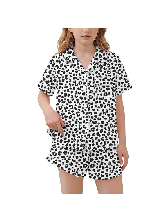 Girls 2 Piece Sleepwear Set, Leopard Print Button Front Pajamas with Chest Pocket and White Piping, Summer Pajama Set for Girls 3-14 Years