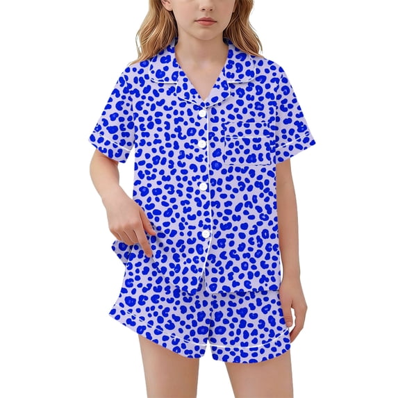 HBYJLZYG Girls 2 Piece Sleepwear Set, Leopard Print Button Front Pajamas with Chest Pocket and White Piping, Summer Pajama Set for Girls 3-14 Years