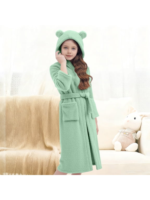 Girls' Bathrobe with Bear Ear Hooded Design and Adjustable Belt, Two Front Patch Pockets, Soft Plush Fleece, Long Sleeve Warm Lightweight