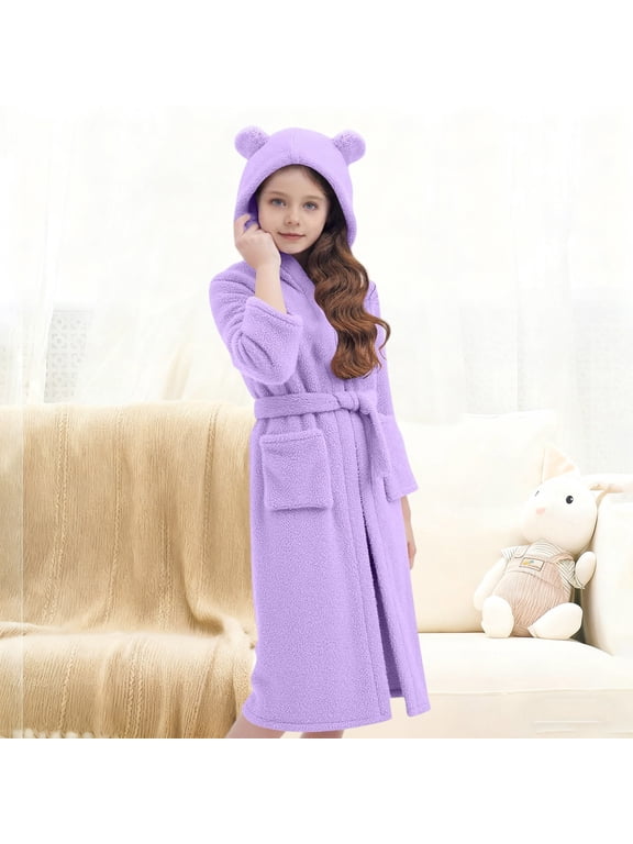 Girls' Bathrobe with Bear Ear Hooded Design and Adjustable Belt, Two Front Patch Pockets, Soft Plush Fleece, Long Sleeve Warm Lightweight