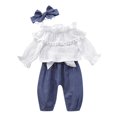 thumbnail image 1 of HBYJLZYG Girls Bell Sleeve Ruffles Tops+Bowknot Pants+Headband 3 Piece Outfits Solid Color Infant Baby 3-24 Months, 1 of 8