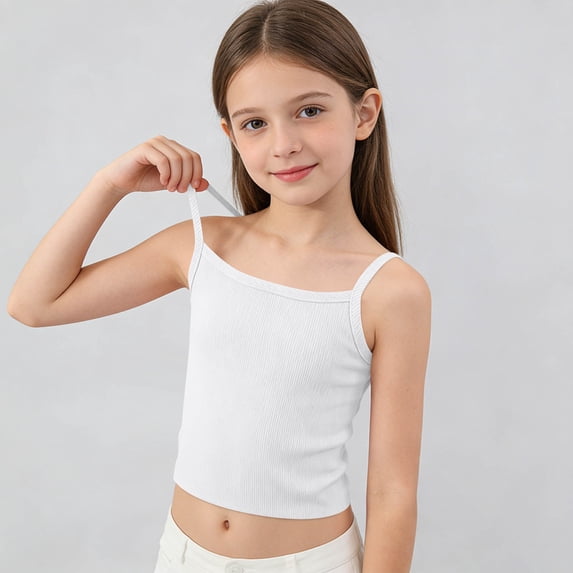 HBYJLZYG Girls Spaghetti Strap Training Tank Top, Ribbed Cami Vest with Square Neck, Puberty Undershirt for Tween Girls 7-13 Years