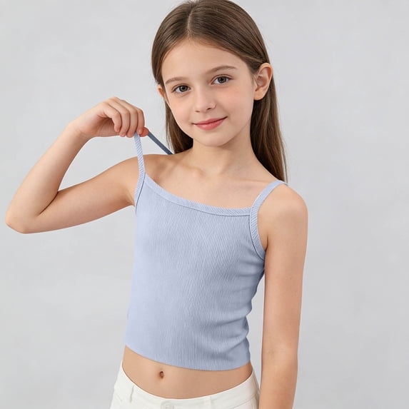 HBYJLZYG Girls Spaghetti Strap Training Tank Top, Ribbed Cami Vest with Square Neck, Puberty Undershirt for Tween Girls 7-13 Years