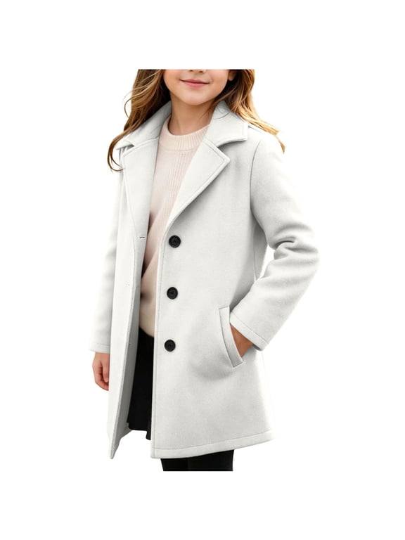 Girls Wool Coat, Single Breasted Notch Lapel Long Sleeve Peacoat with Pockets, Solid Color Dress Coat for Fall Winter School Daily Wear