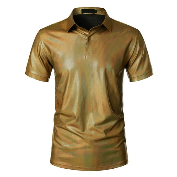 HBYJLZYG Golf Shirts For Men Short Sleeve Casual Button Shirts Summer Shiny Stage Style Sport Fitness Tops Gold